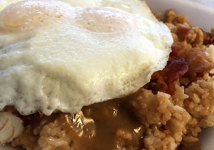 Joe Moco plate with eggs, fried rice, bacon, and gravy from Joe's Grill Express
