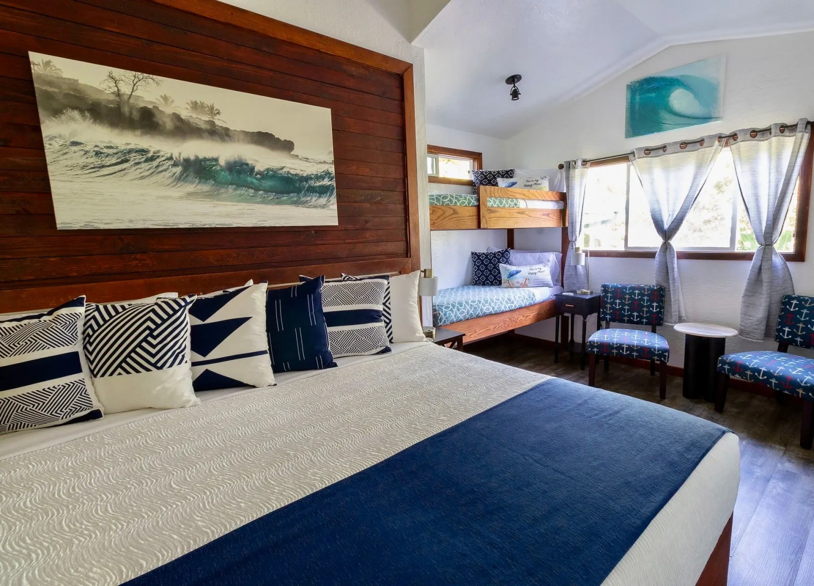 Coastal-themed guest room at North Shore Lodge Hawaii